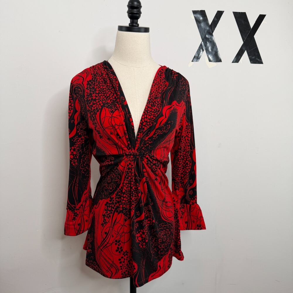 Y2K Bisou Bisou Red Black Floral Deep V Knot Front Flare Sleeve Tunic Top M